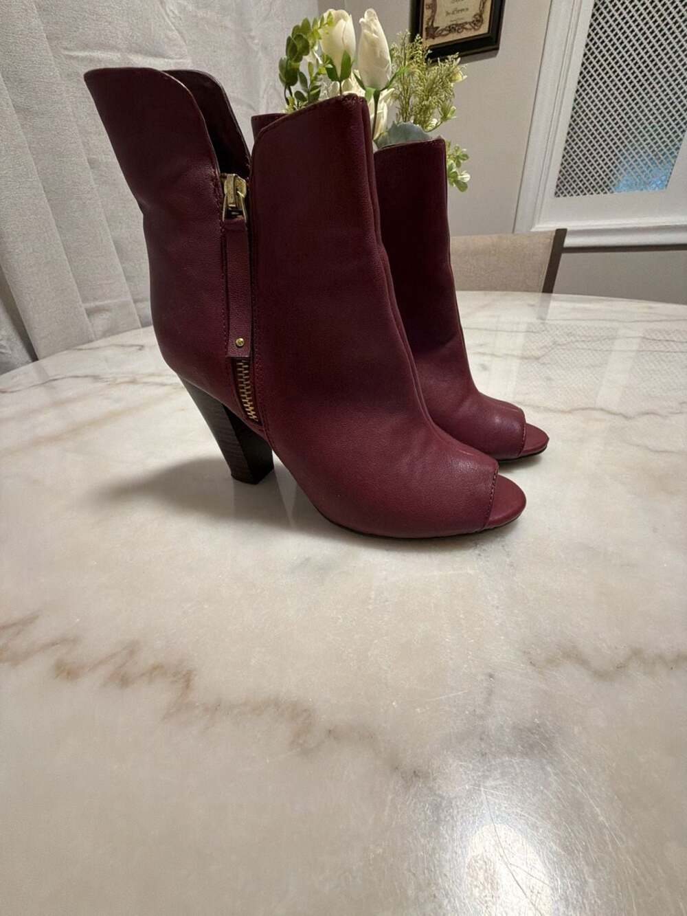 Peep Toe Block Heel Ankle Booties in Plum